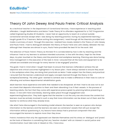 Theory Of John Dewey And Paulo Freire: Critical Analysis