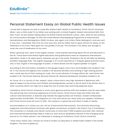 Personal Statement Essay on Global Public Health Issues