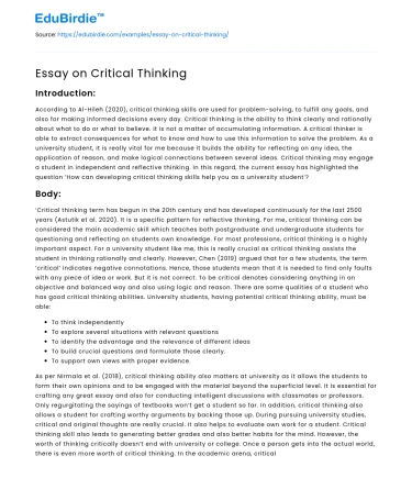 Essay on Critical Thinking