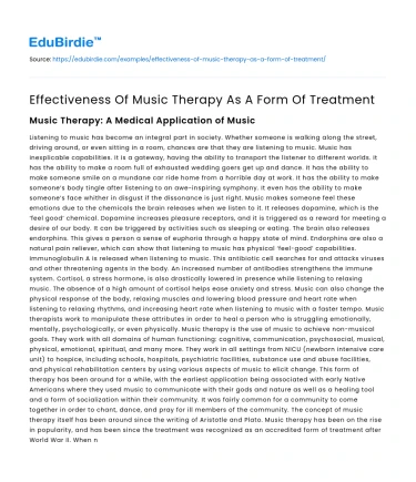 Effectiveness Of Music Therapy As A Form Of Treatment