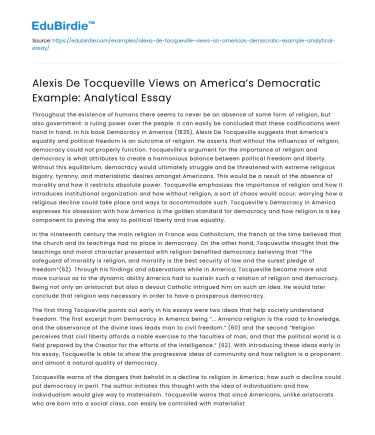 Tocqueville’s Views on America’s Democracy