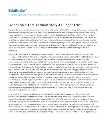 Franz Kafka And His Short Story A Hunger Artist