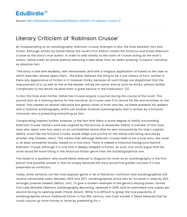 Literary Criticism of ‘Robinson Crusoe’