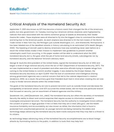 Critical Analysis of the Homeland Security Act