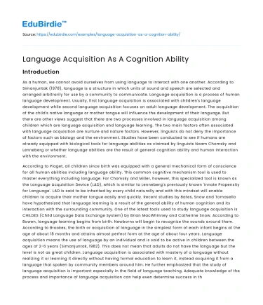 Language Acquisition As A Cognition Ability