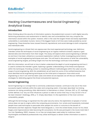 Hacking Countermeasures and Social Engineering’: Analytical Essay