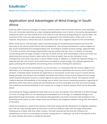 Application and Advantages of Wind Energy in South Africa