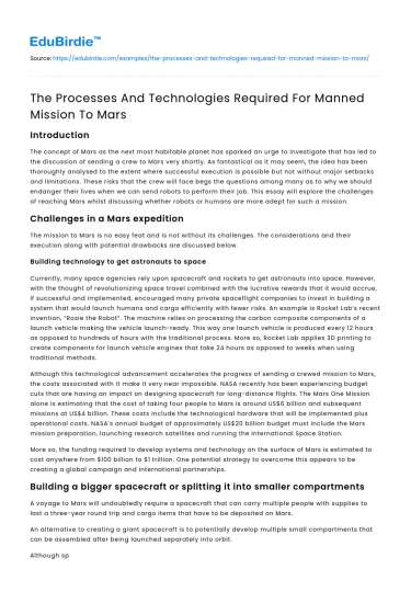 The Processes And Technologies Required For Manned Mission To Mars