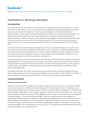 Teamwork In Nursing Examples