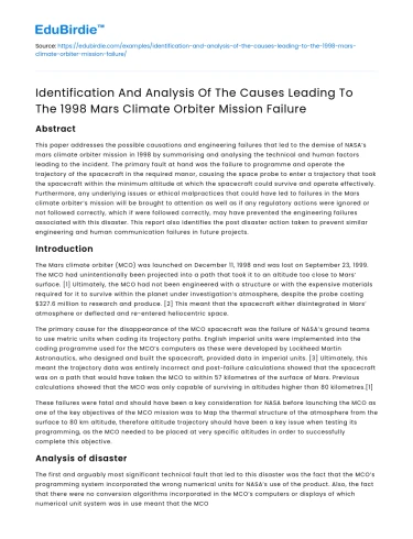 Causes of 1998 Mars Climate Orbiter Mission Failure
