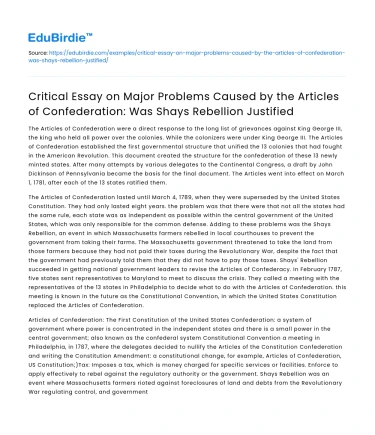 Shays Rebellion: Major Problems with Articles of Confederation