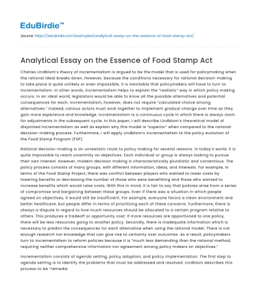 Analytical Essay on the Essence of Food Stamp Act