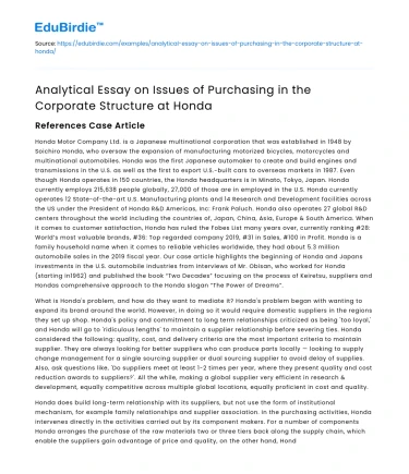 Analytical Essay: Purchasing Issues in Honda’s Corporate Structure