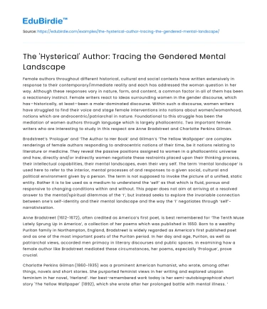The ‘Hysterical’ Author: Tracing the Gendered Mental Landscape