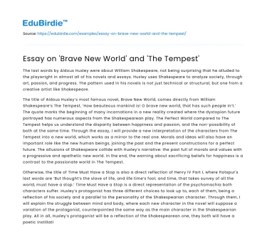 Essay on ‘Brave New World’ and ‘The Tempest’