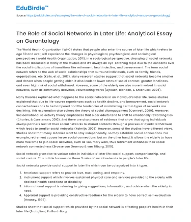 The Role of Social Networks in Later Life on Gerontology