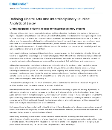 Defining Liberal Arts and Interdisciplinary Studies: Analytical Essay