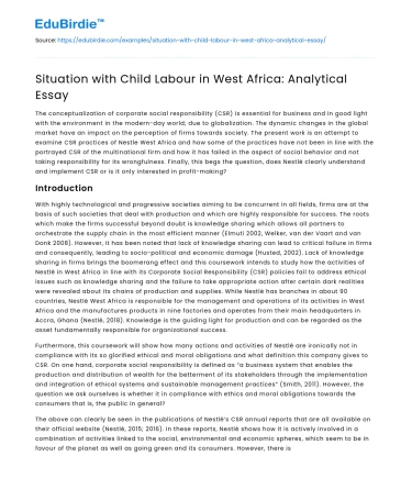 Situation with Child Labour in West Africa: Analytical Essay