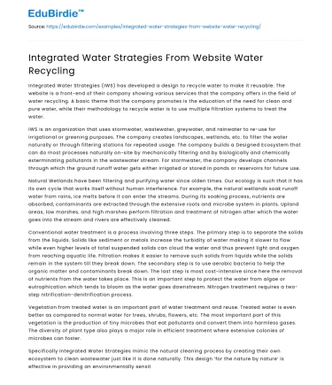 Integrated Water Strategies From Website Water Recycling