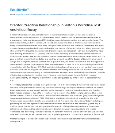 Creator Creation Relationship In Milton’s Paradise Lost