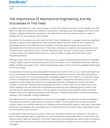 The Importance Of Mechanical Engineering And My Successes In This Field