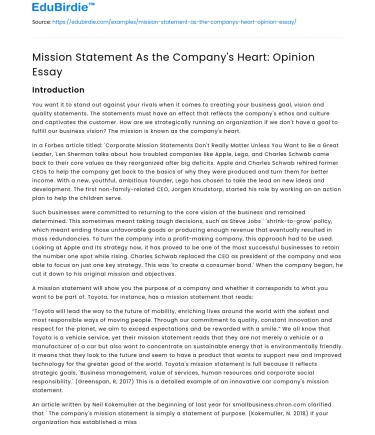 Mission Statement As the Company’s Heart: Opinion Essay