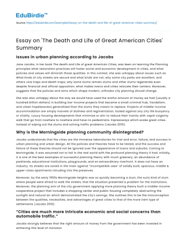 Essay on ‘The Death and Life of Great American Cities’ Summary