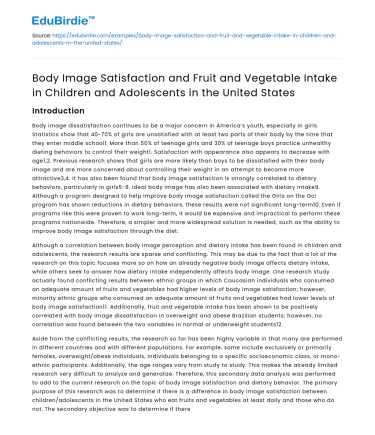 Body Image and Diet in US Children and Teens