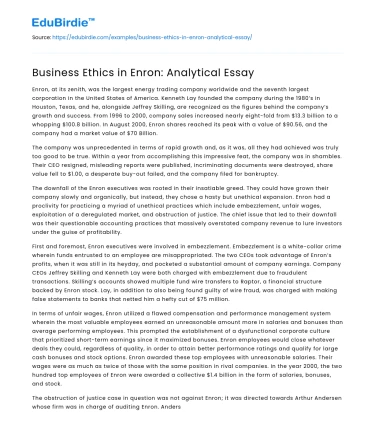 Business Ethics in Enron: Analytical Essay