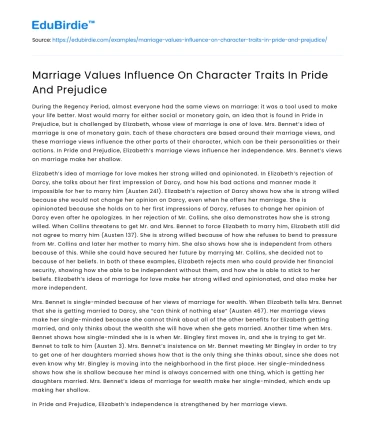 Marriage Values Influence On Character Traits In Pride And Prejudice