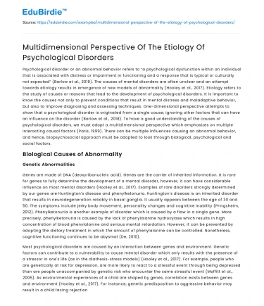 Multidimensional Perspective Of The Etiology Of Psychological Disorders