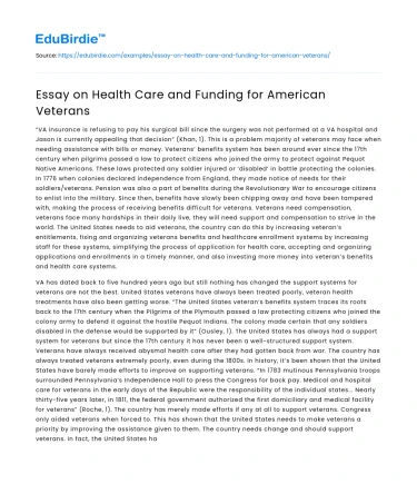 Essay on Health Care and Funding for American Veterans