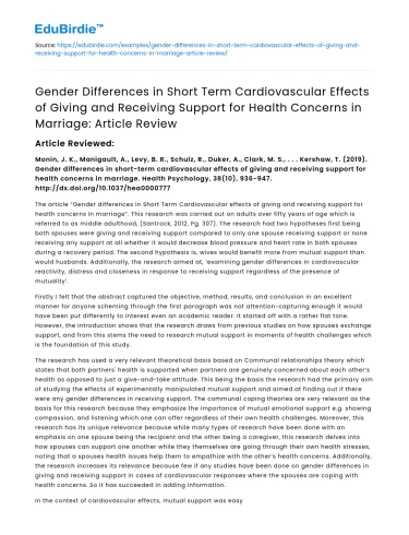 Gender Differences in Cardiovascular Effects of Marriage Support