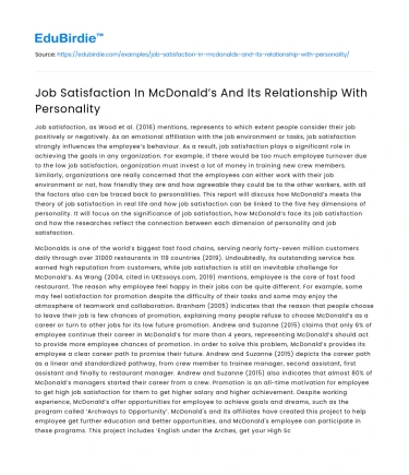 Job Satisfaction In McDonald’s And Its Relationship With Personality