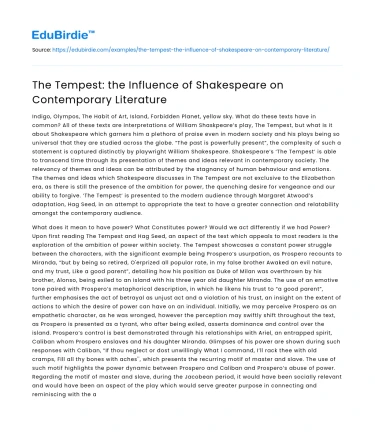 The Tempest: the Influence of Shakespeare on Contemporary Literature