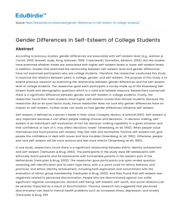 Gender Differences in Self-Esteem of College Students