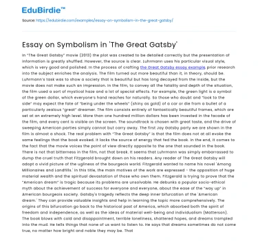 Essay on Symbolism in ‘The Great Gatsby’