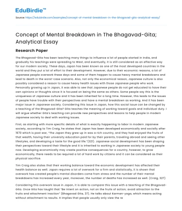 Concept of Mental Breakdown in The Bhagavad-Gita; Analytical Essay