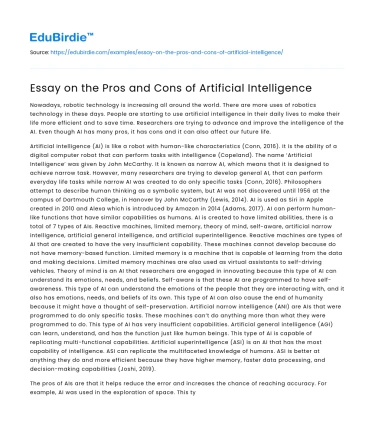 Essay on the Pros and Cons of Artificial Intelligence