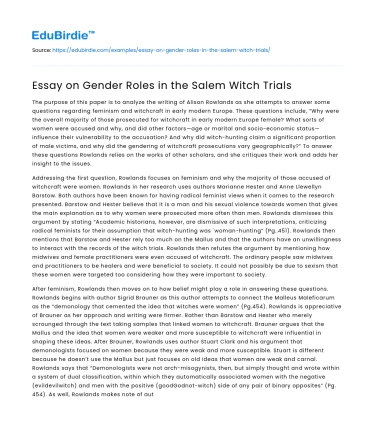 Essay on Gender Roles in the Salem Witch Trials