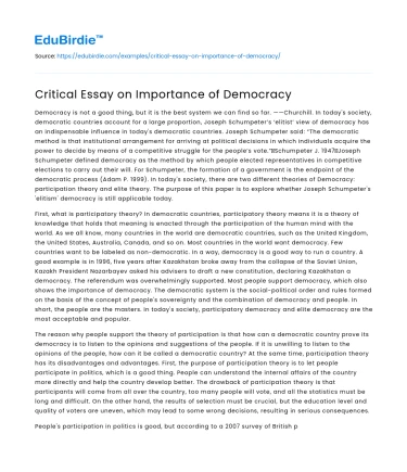 Critical Essay on Importance of Democracy