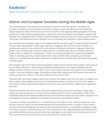 Islamic and European Societies During the Middle Ages