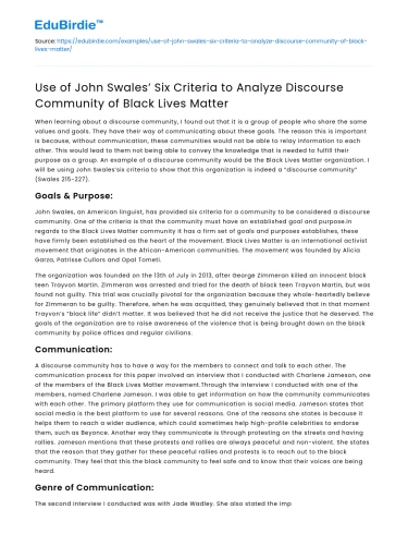 Analyzing Black Lives Matter with Swales’ Criteria