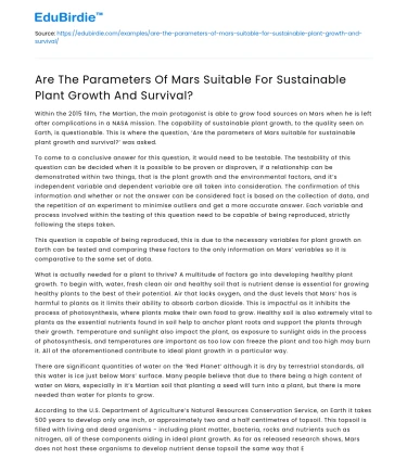 Mars Parameters for Plant Growth: Sustainability?