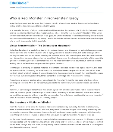 Who is Real Monster in Frankenstein Essay