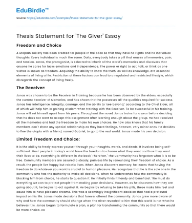 Thesis Statement for ‘The Giver’ Essay