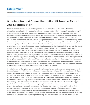 Streetcar Named Desire: Illustration Of Trauma Theory And Stigmatization