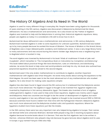 The History Of Algebra And Its Need In The World