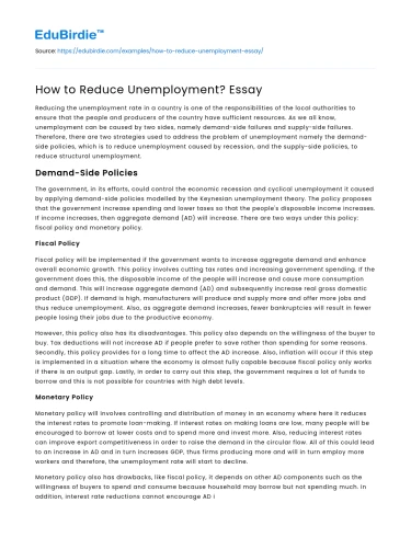 How to Reduce Unemployment? Essay