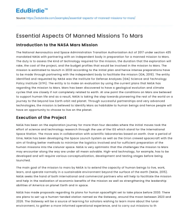 Essential Aspects Of Manned Missions To Mars